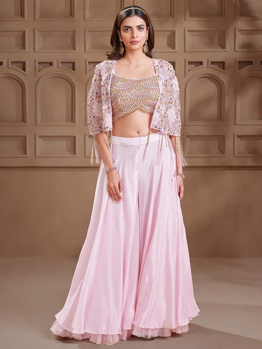 Pink satin palazzo salwar suit for party