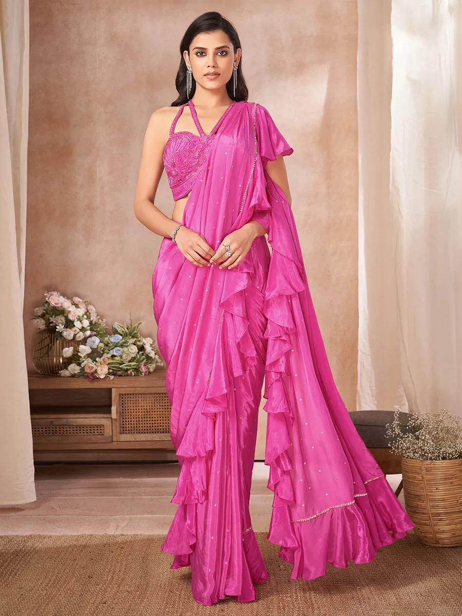 Pink satin ruffle saree