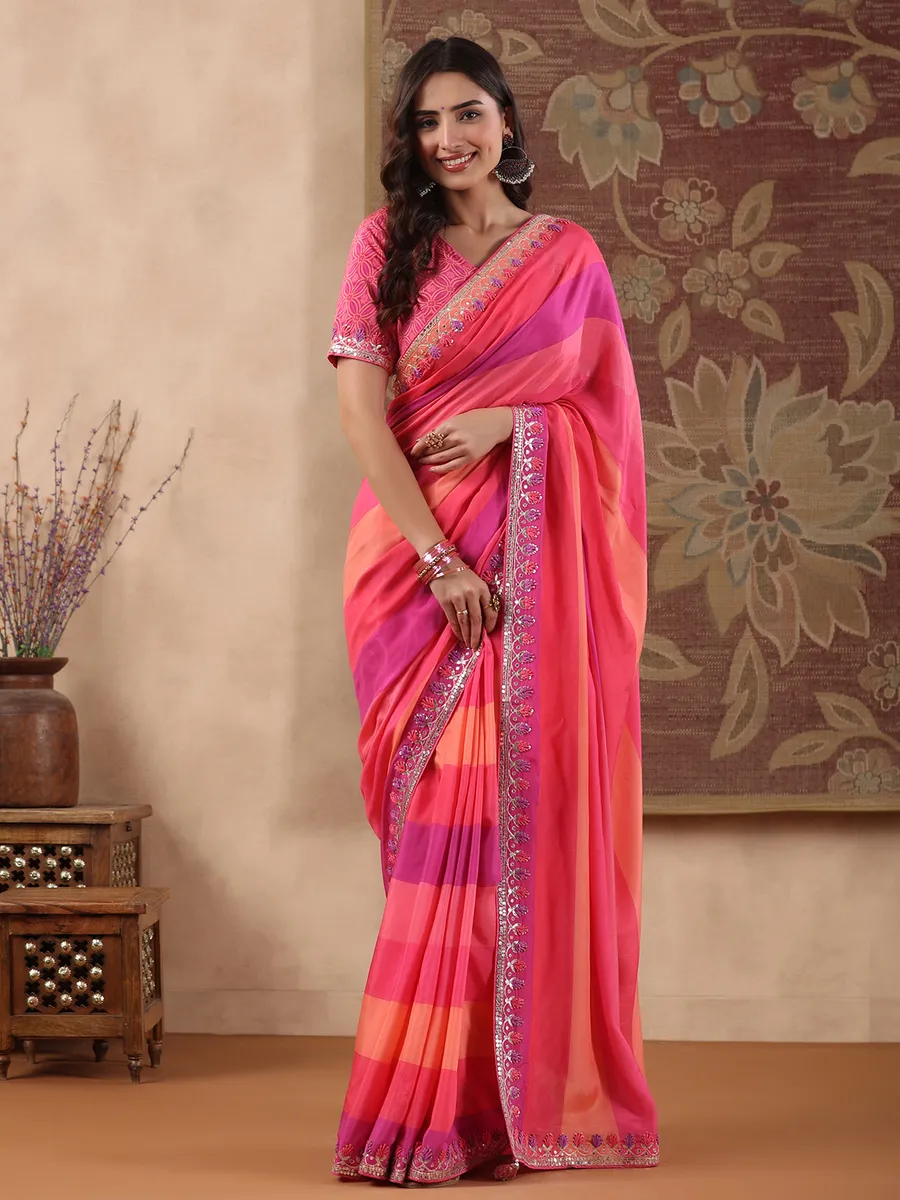 Pink shaded stripe muslin saree