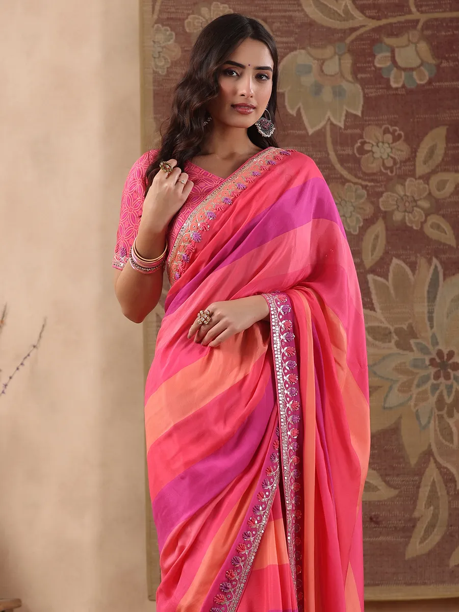 Pink shaded stripe muslin saree