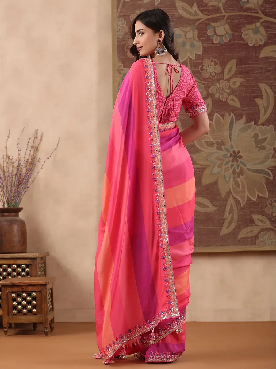 Pink shaded stripe muslin saree