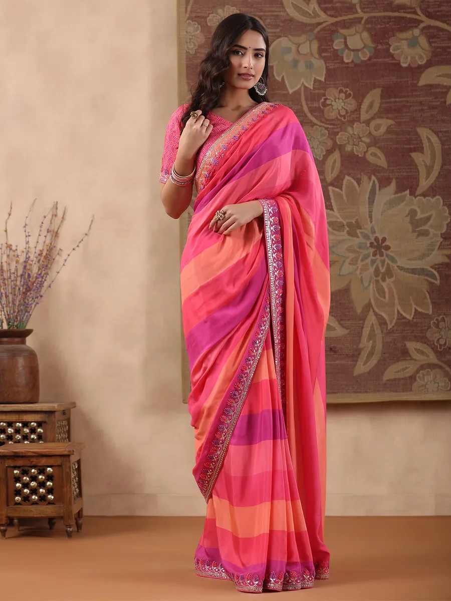 Pink shaded stripe muslin saree