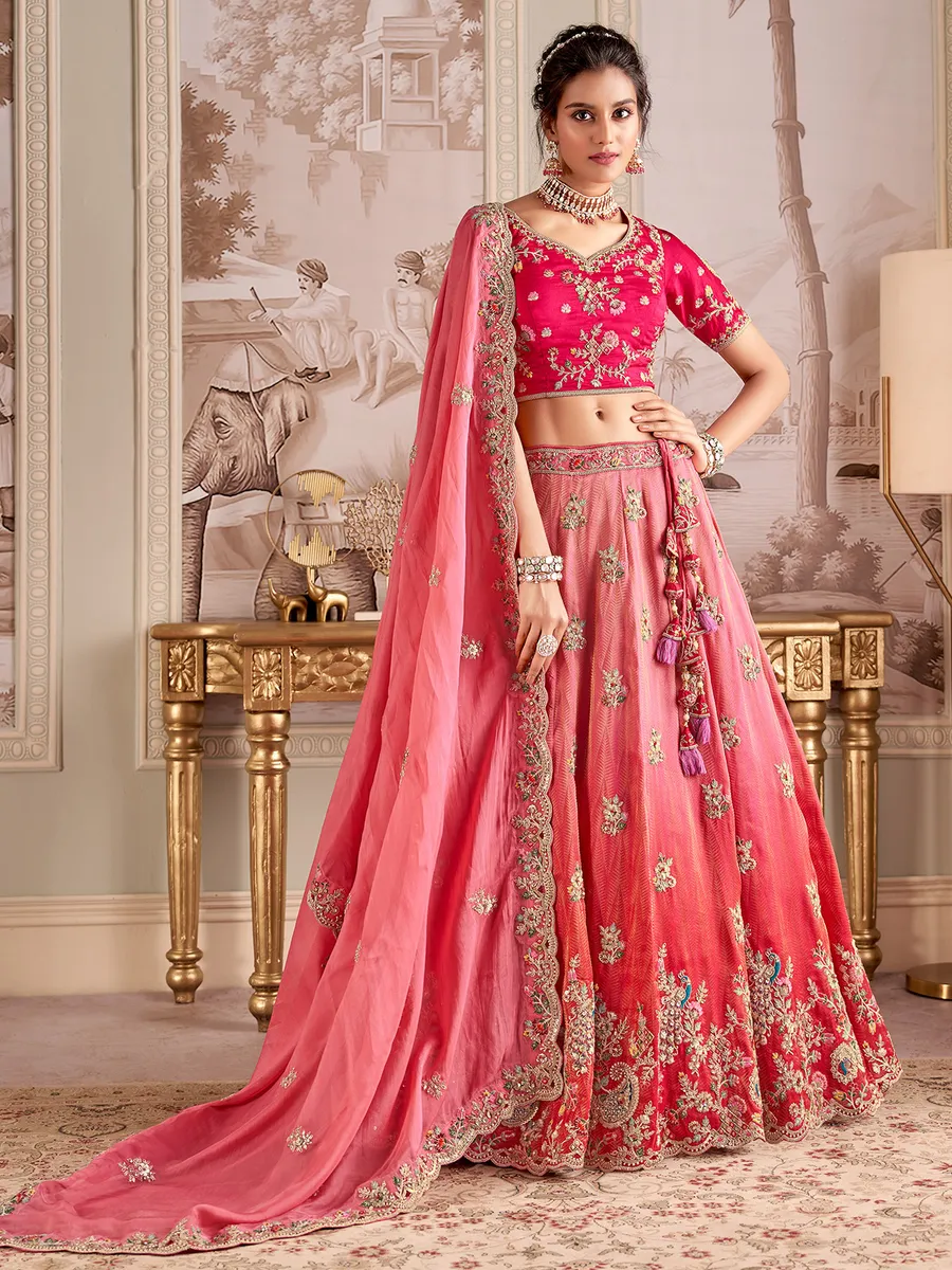 Pink silk bridal syle unstitched lehenga choli