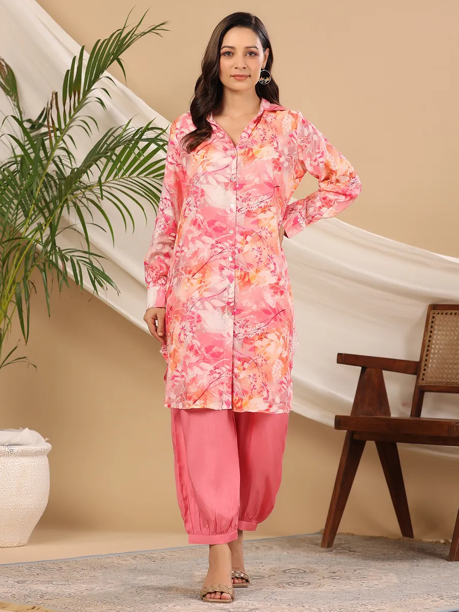 Pink silk casual printed co ord set