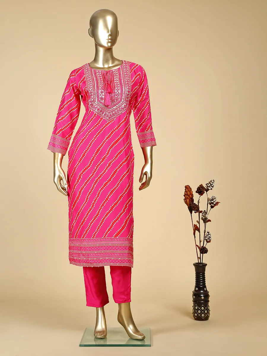 Pink silk printed kurti set with dupatta