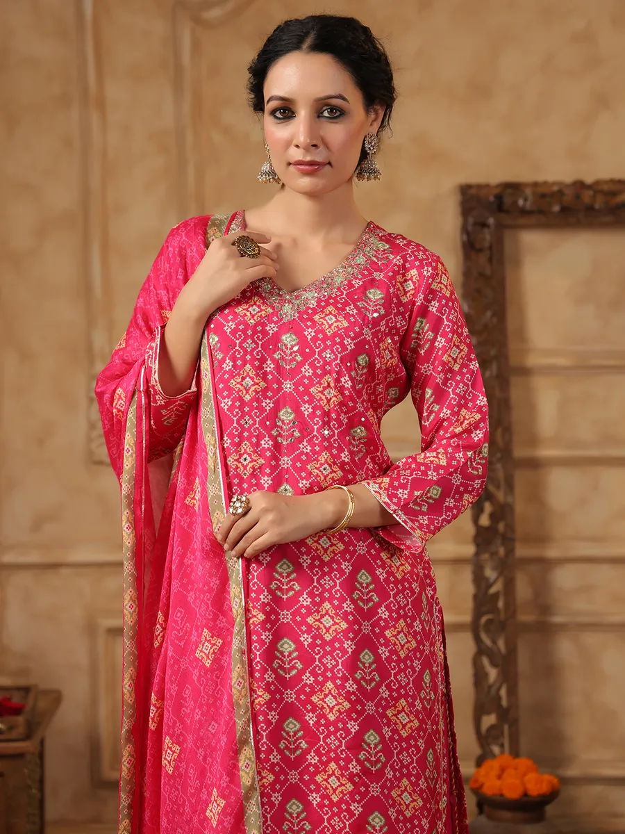 Pink silk printed palazzo kurti set
