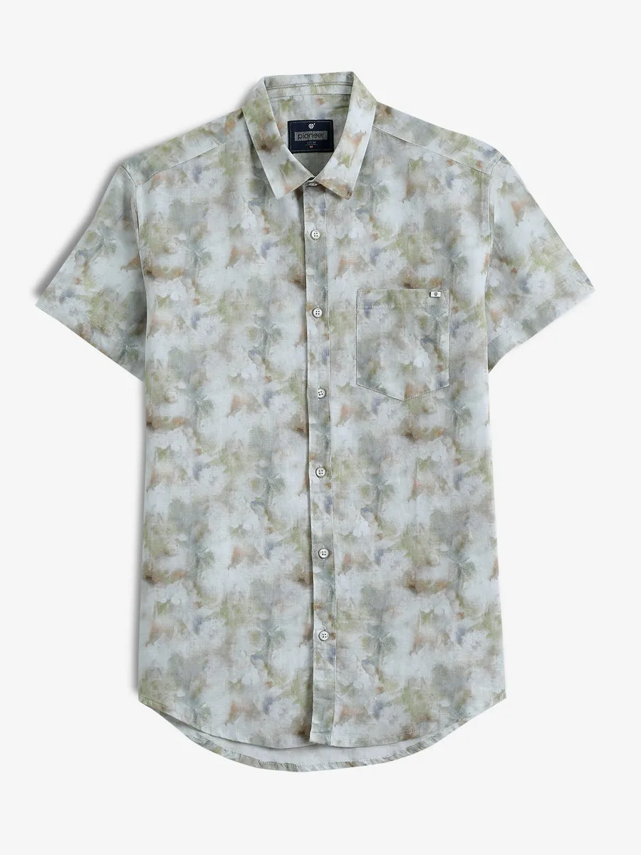 PIONEER printed olive and white linen shirt