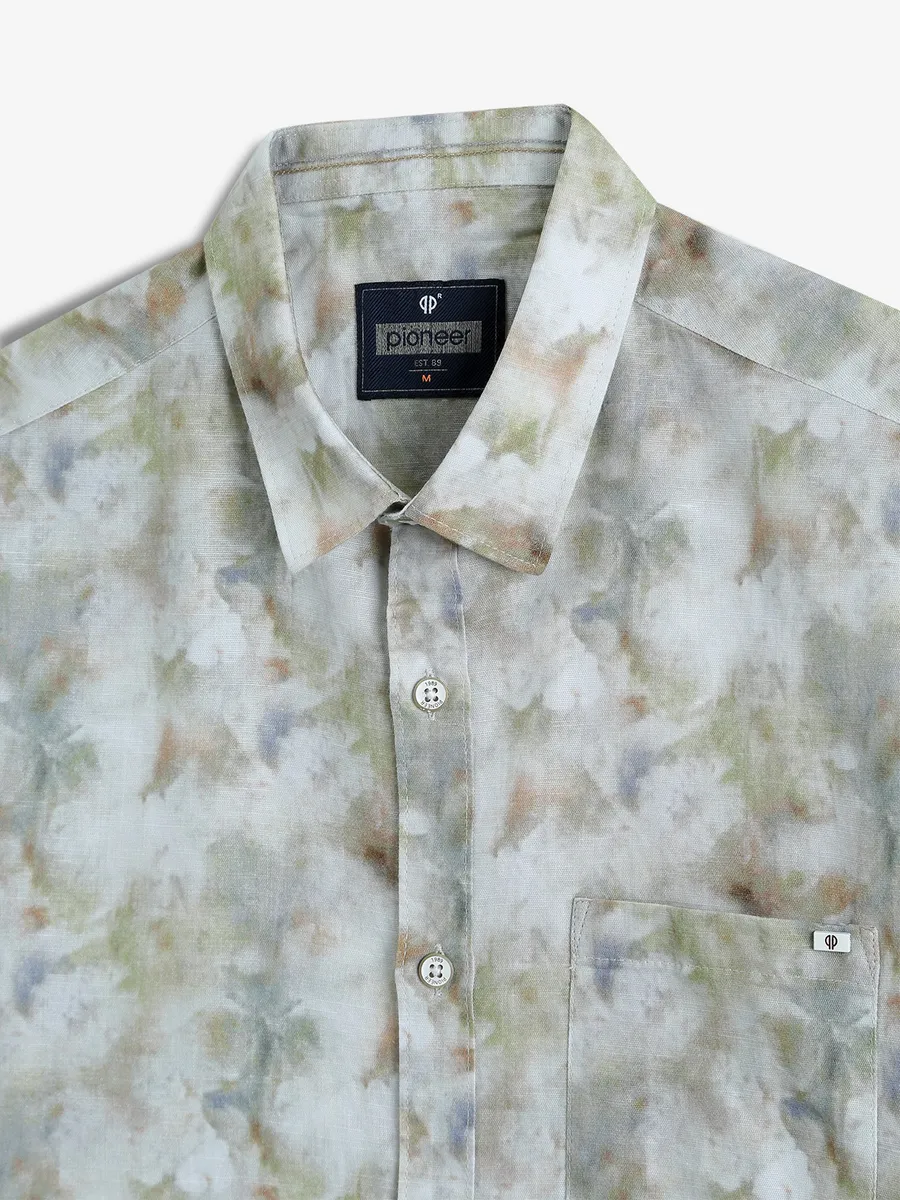 PIONEER printed olive and white linen shirt