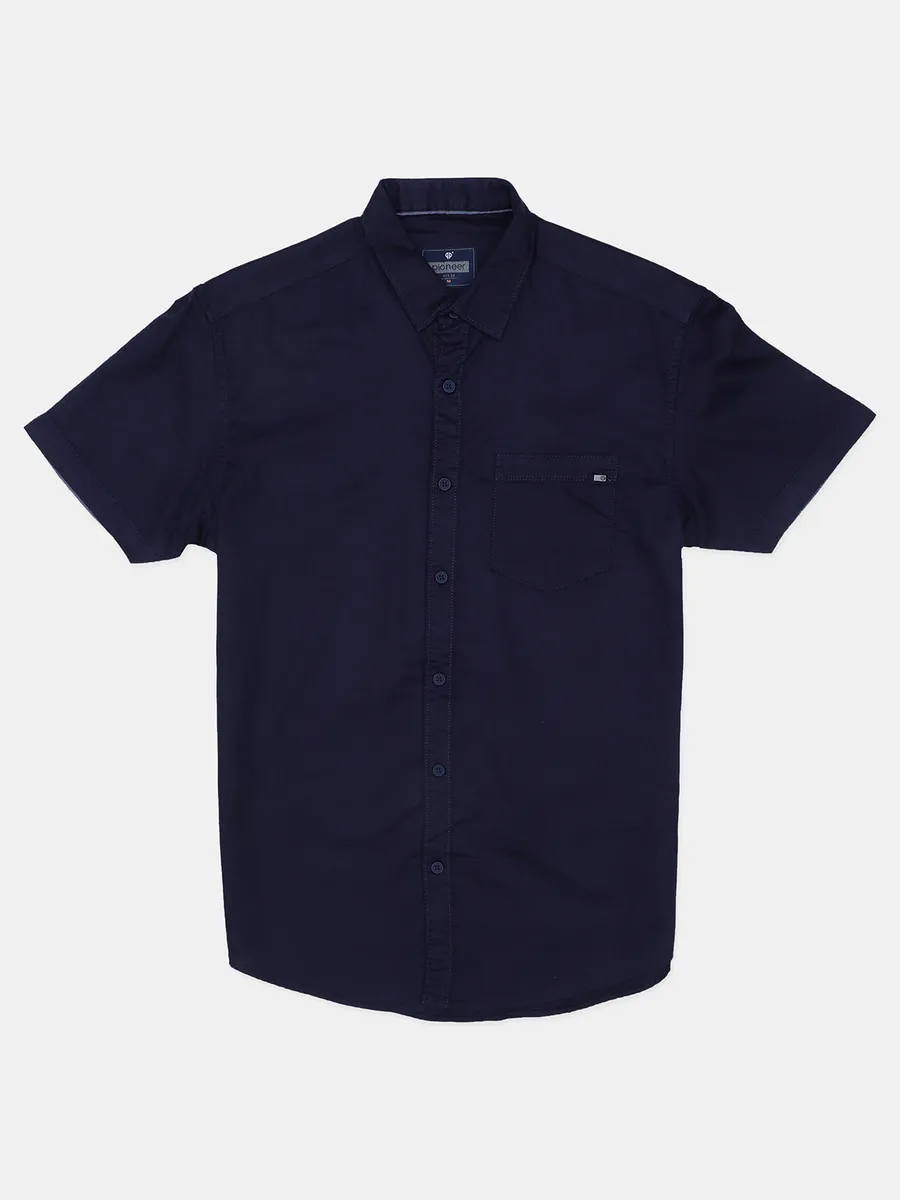 Pioneer solid cotton casual shirt in navy