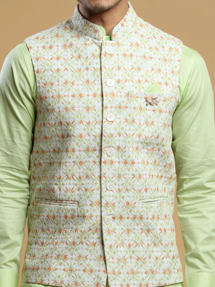 Pista green and cream silk festive waistcoat set