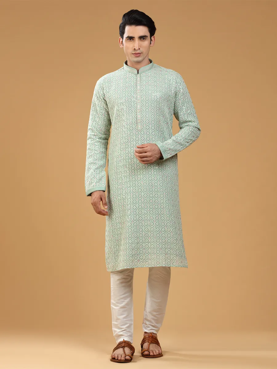 Pista green embroidery georgette  Men Kurta pajama