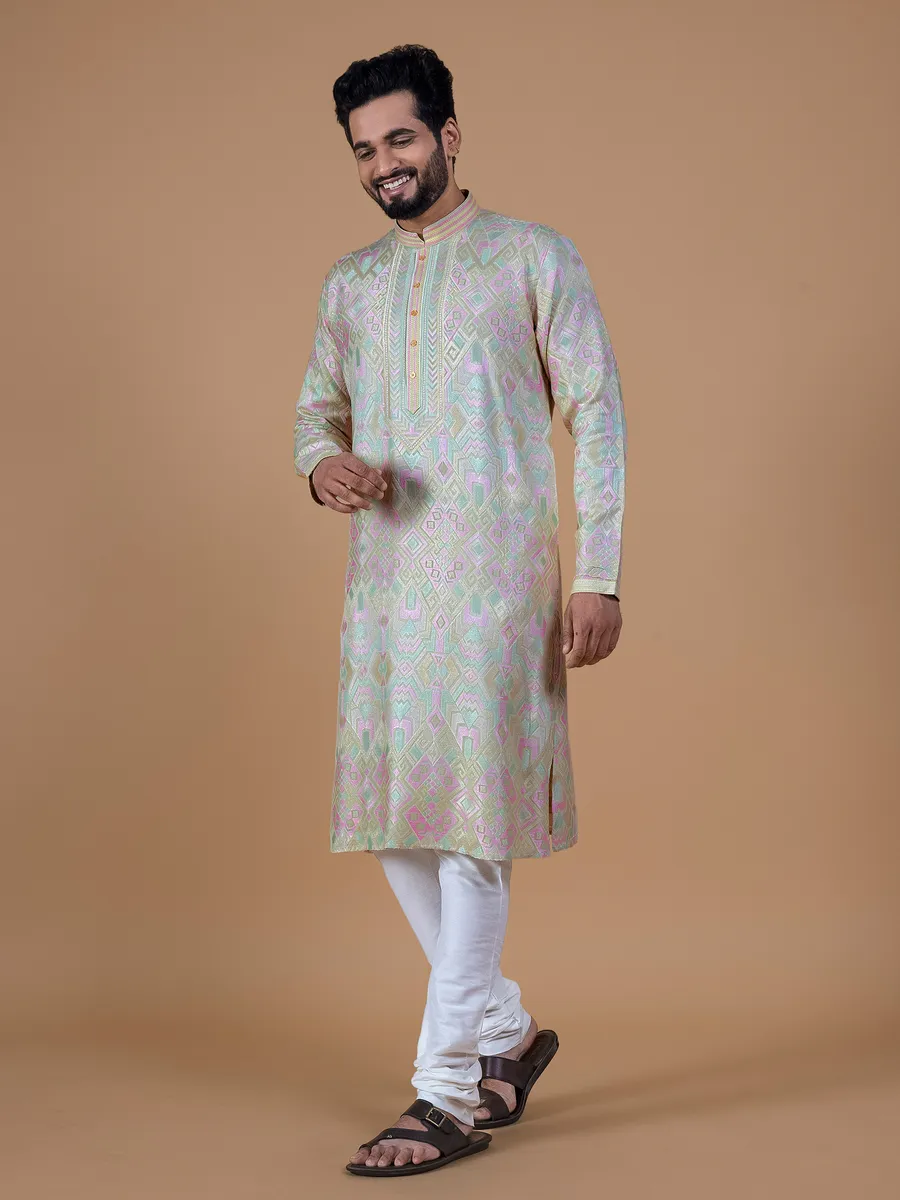 Pista green embroidery silk kurta suit