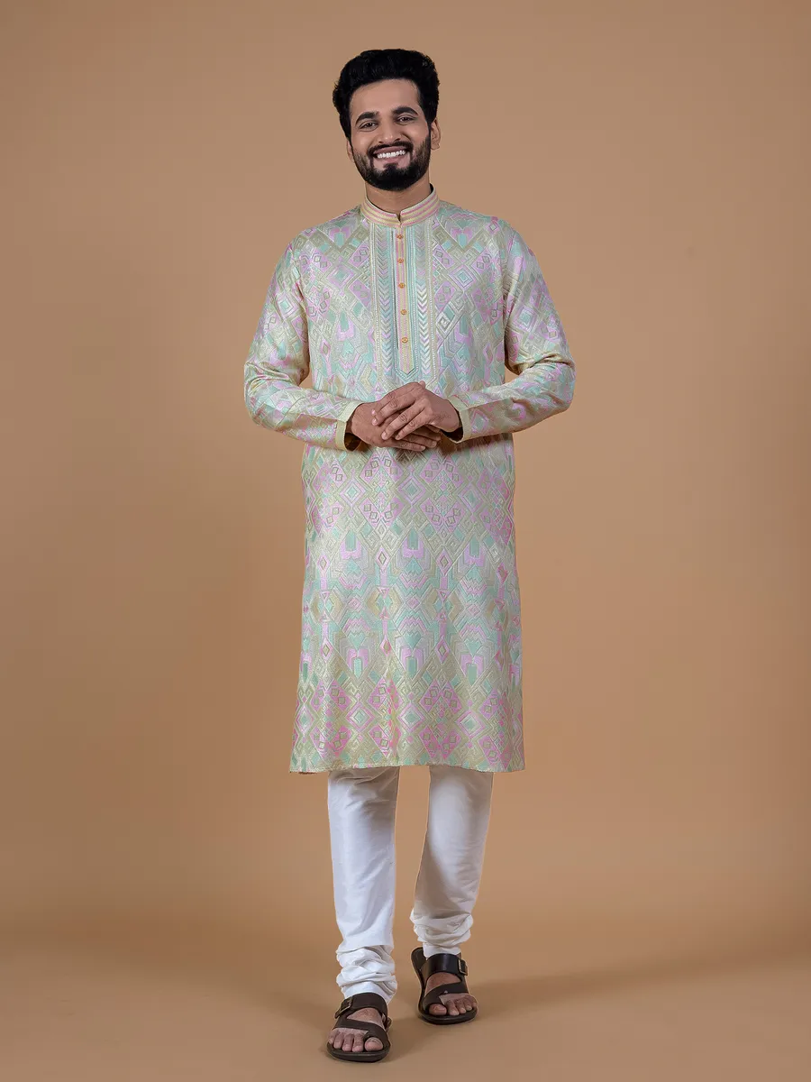 Pista green embroidery silk kurta suit