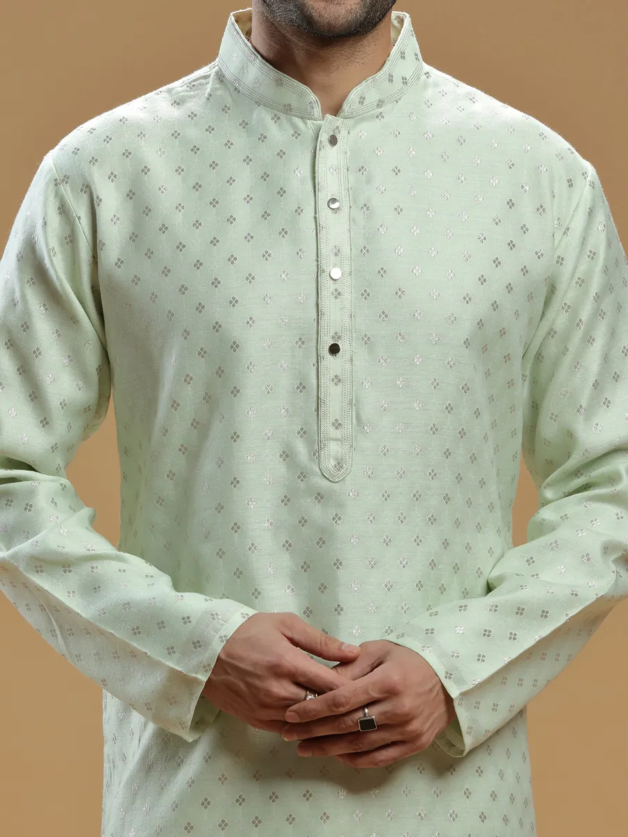 Pista green fabulous festive look silk  Men Kurta pajama