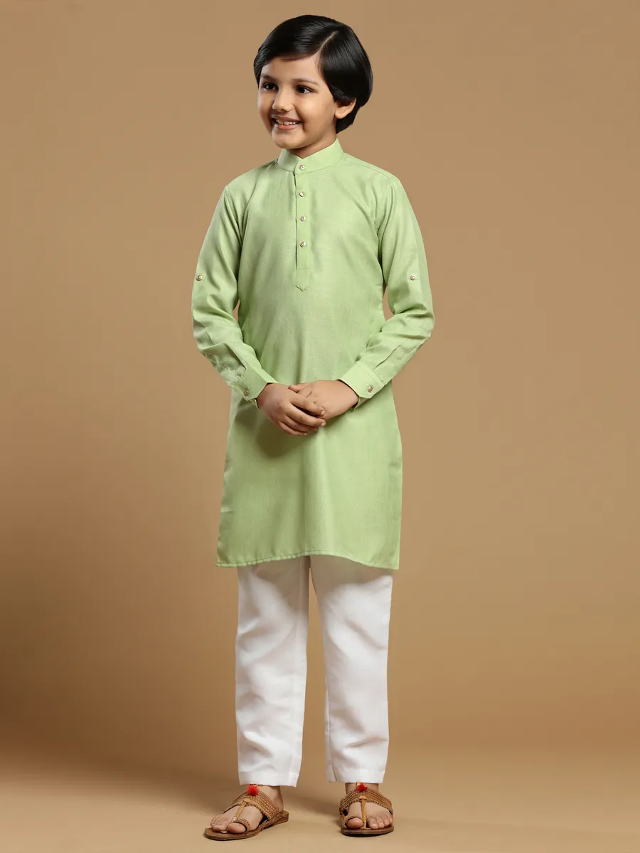 Pista green festive wear solid boys kurta set in cotton