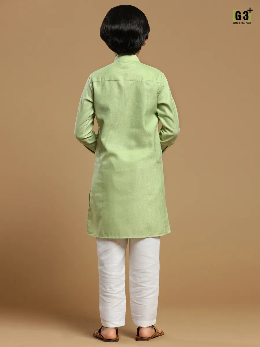 Pista green festive wear solid boys kurta set in cotton