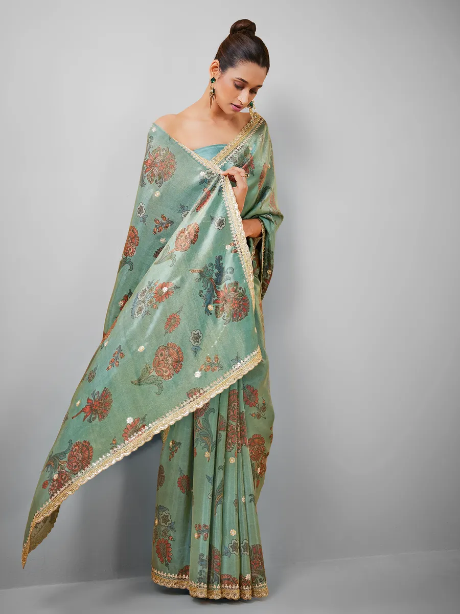 Pista green floral printed tissue silk saree