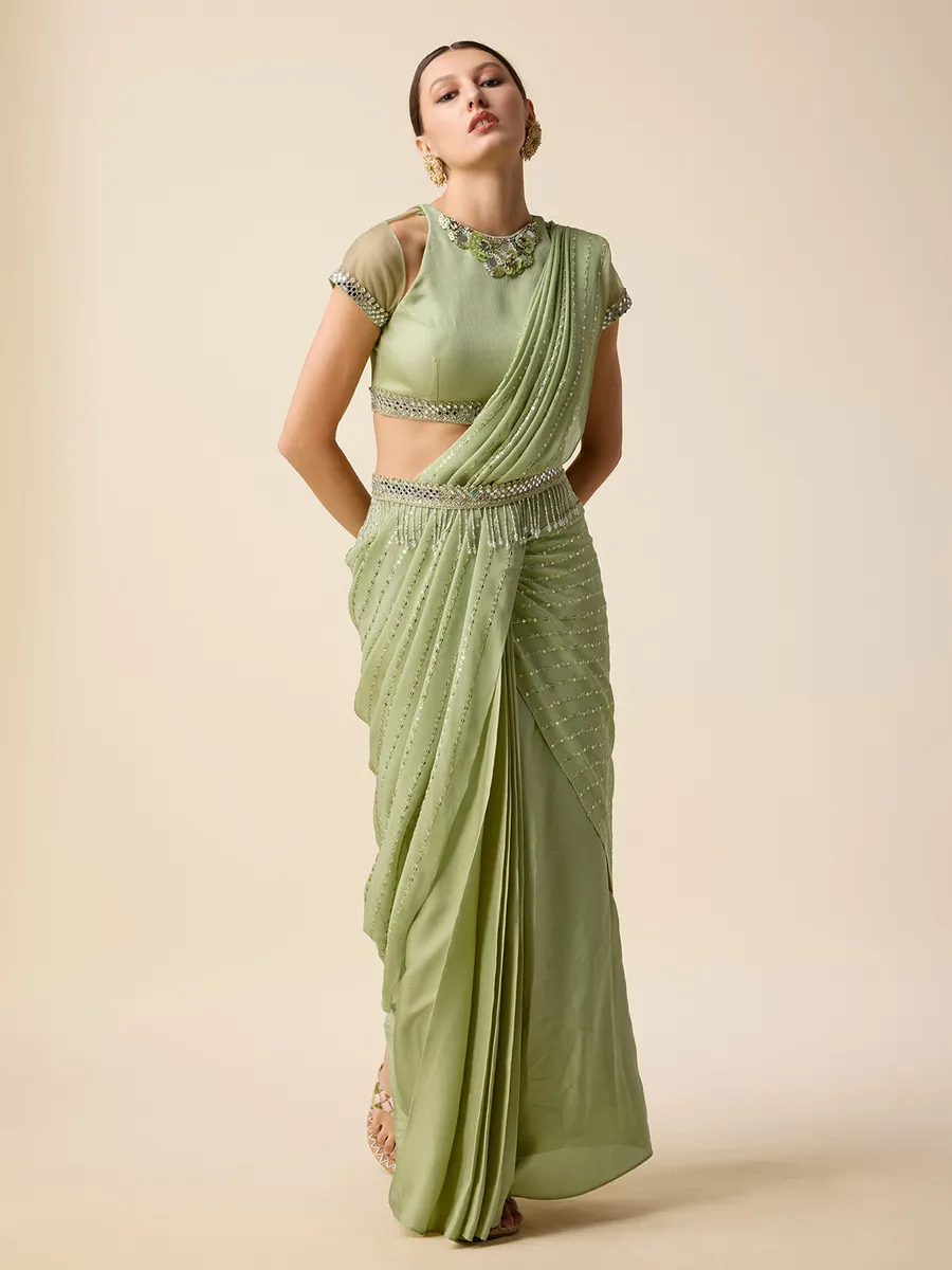 Pista green georgette pre-drape saree