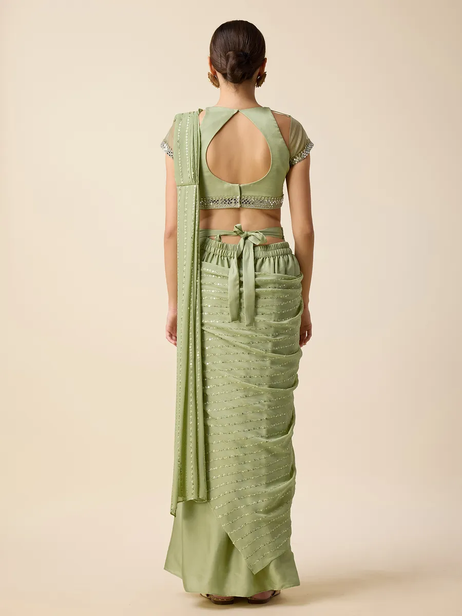 Pista green georgette pre-drape saree