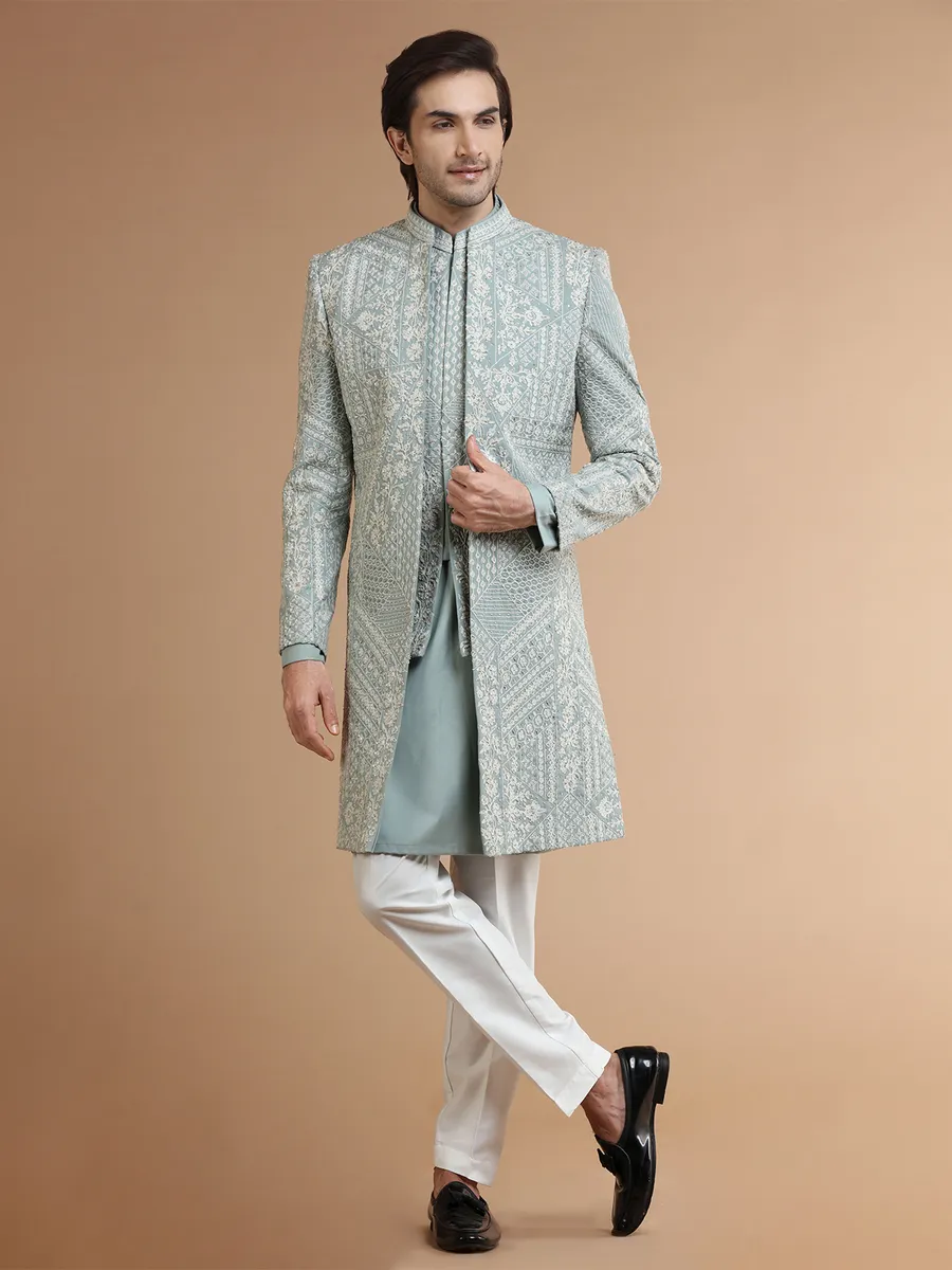 Pista green indowestern in silk