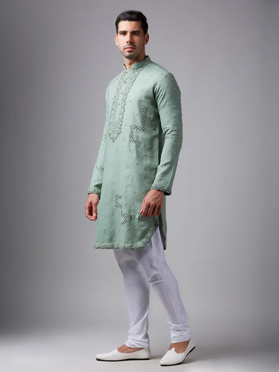 Pista green linen  Men Kurta pajama for festive