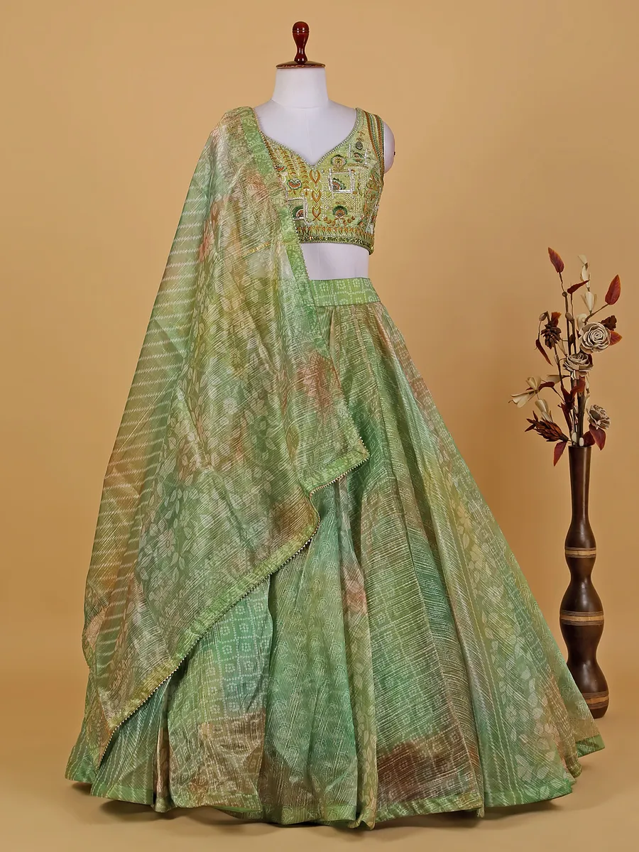 Pista green printed organza lehenga choli