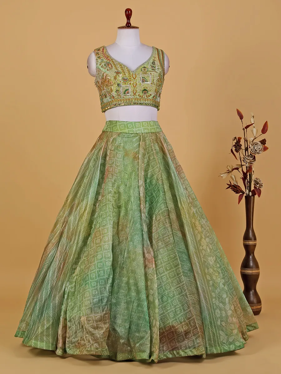 Pista green printed organza lehenga choli