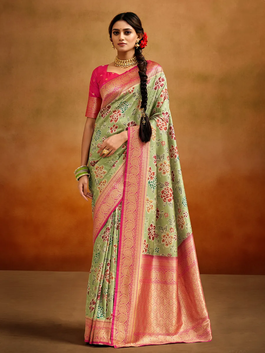 Pista green printed saree with contrast border