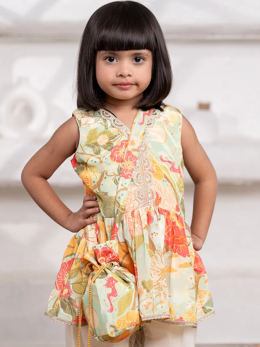 Pista green printed silk dhoti suit