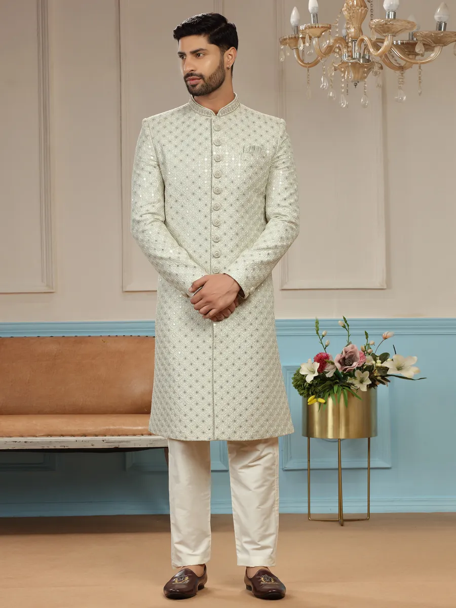 Pista green sherwani in silk for groom