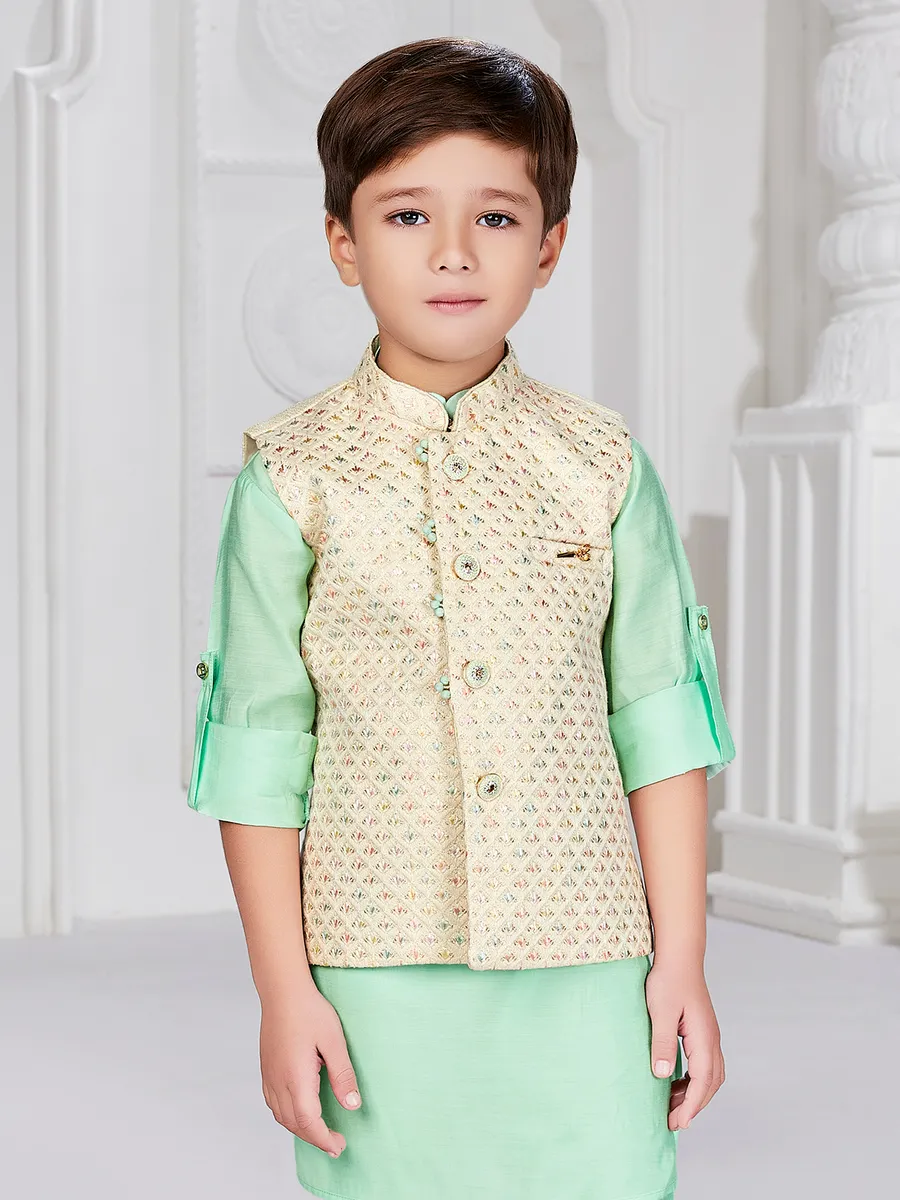 Pista green silk embroidery waistcoat set