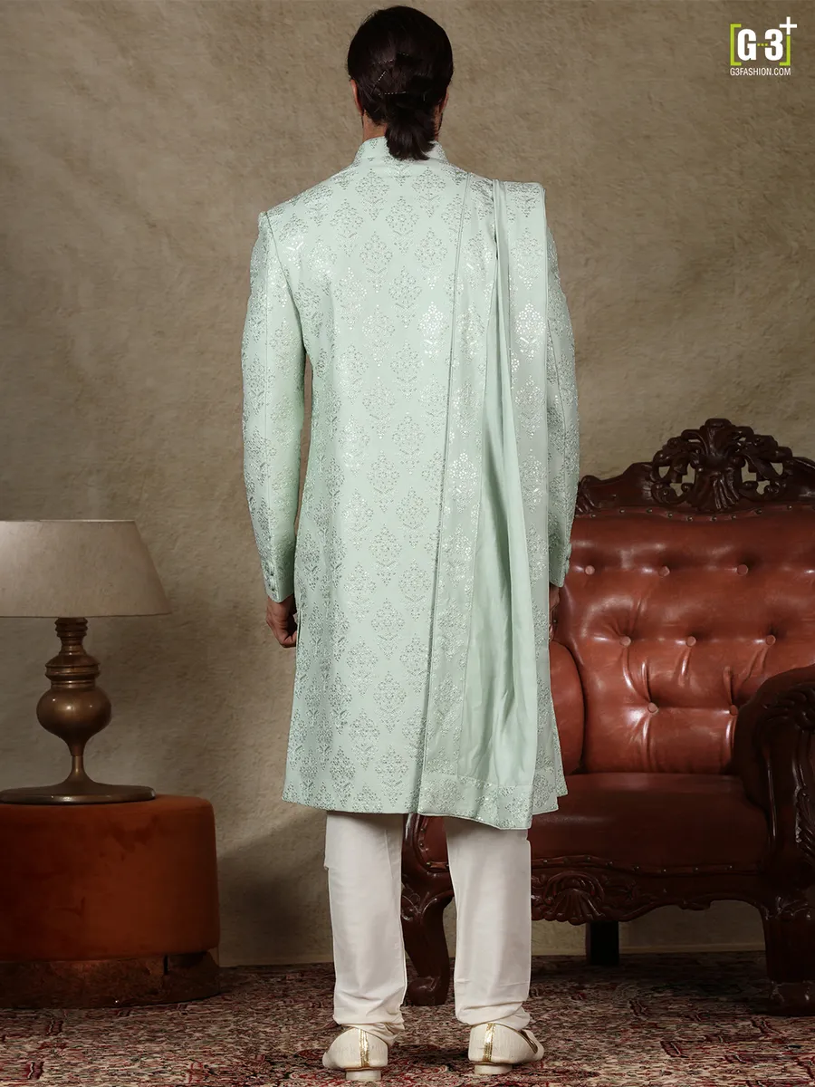Pista green silk fabric sherwani for wedding occasions