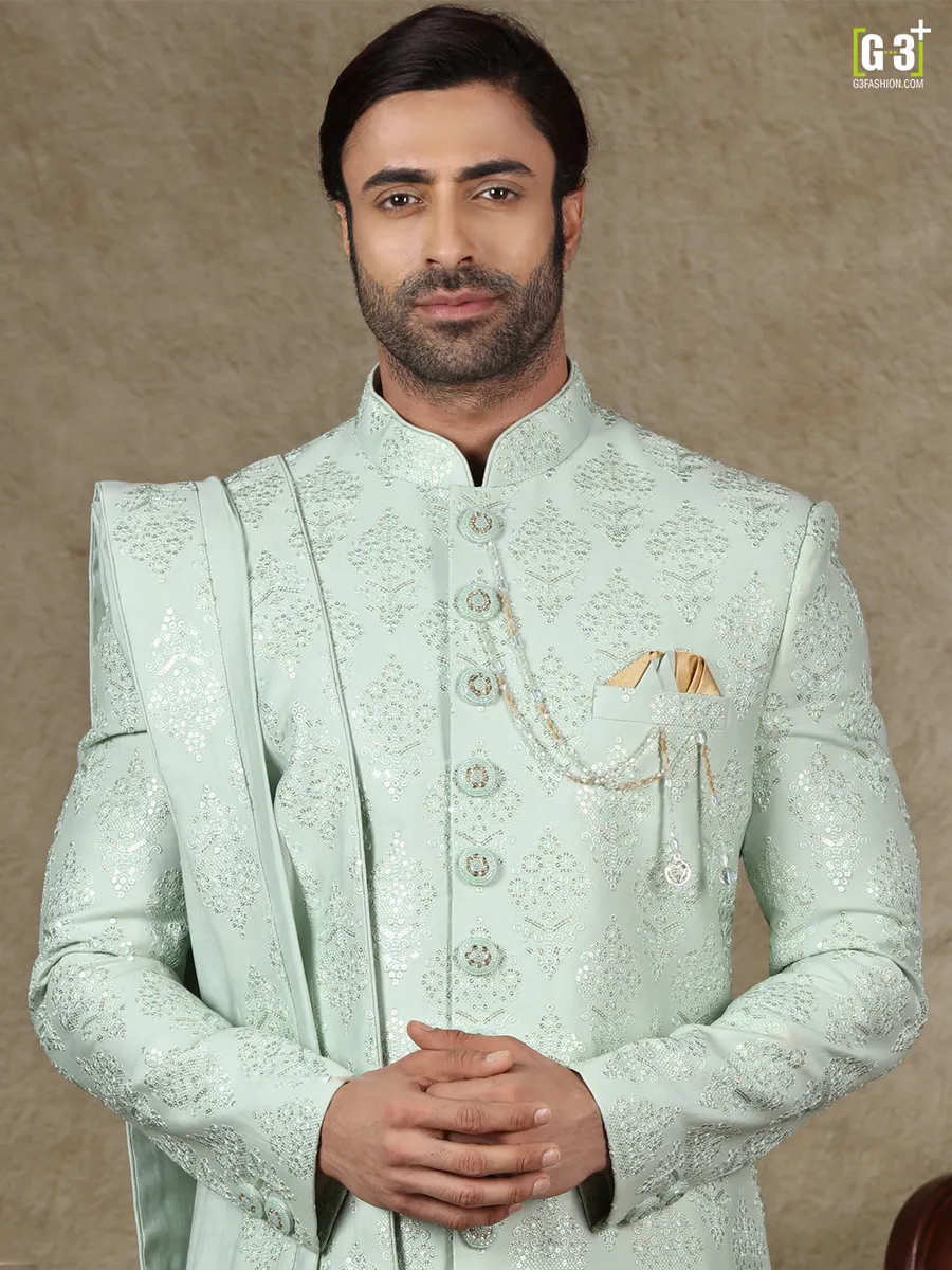 Pista green silk fabric sherwani for wedding occasions