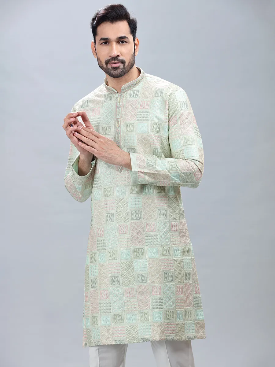 Pista green silk festive wear kurta set for men-G3-MKS5739