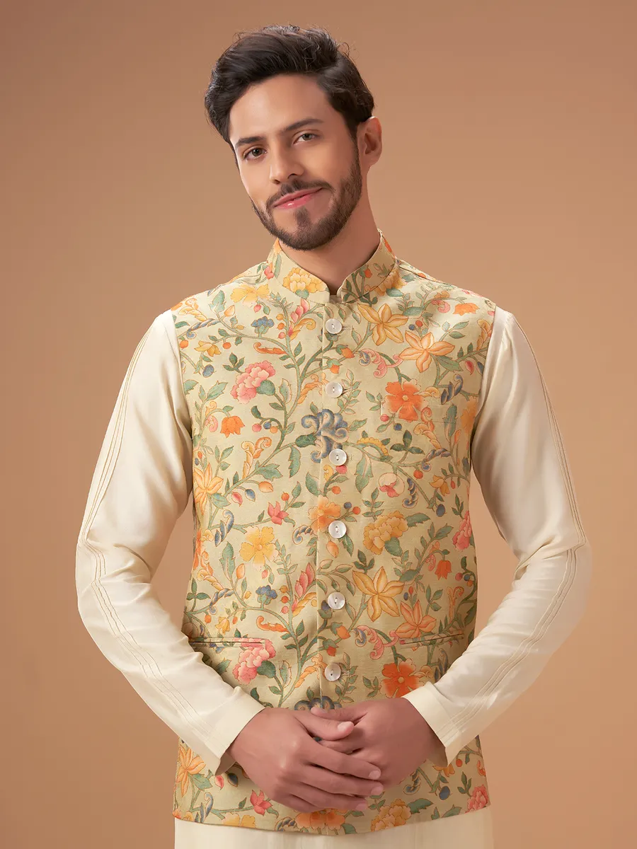 Pista green silk floral printed waistcoat set