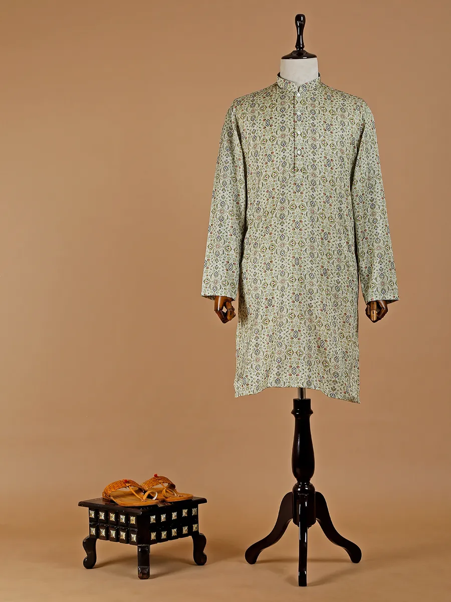 Pista green silk printed kurta