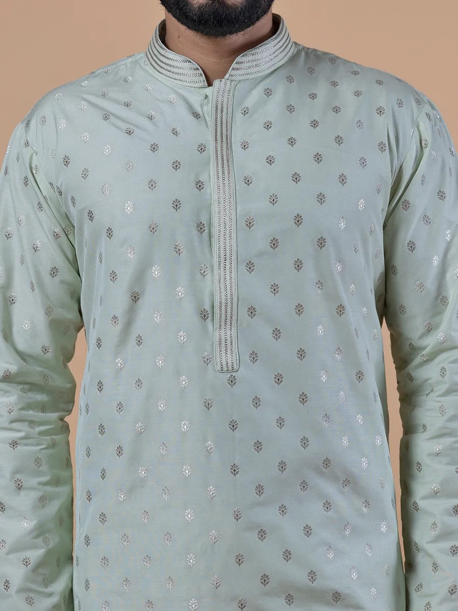 Pista green silk zari weaving  Men Kurta pajama