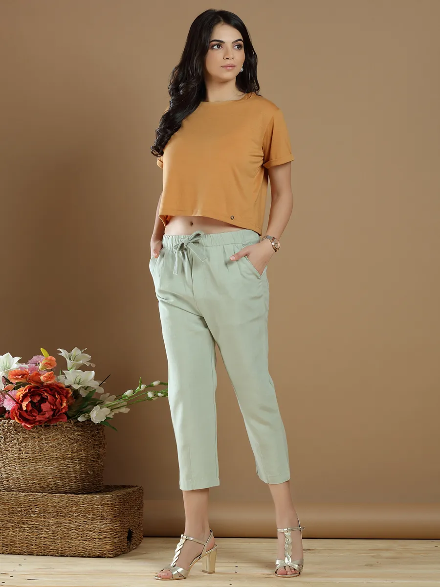 Pistachio green cotton plain pant for casual wear