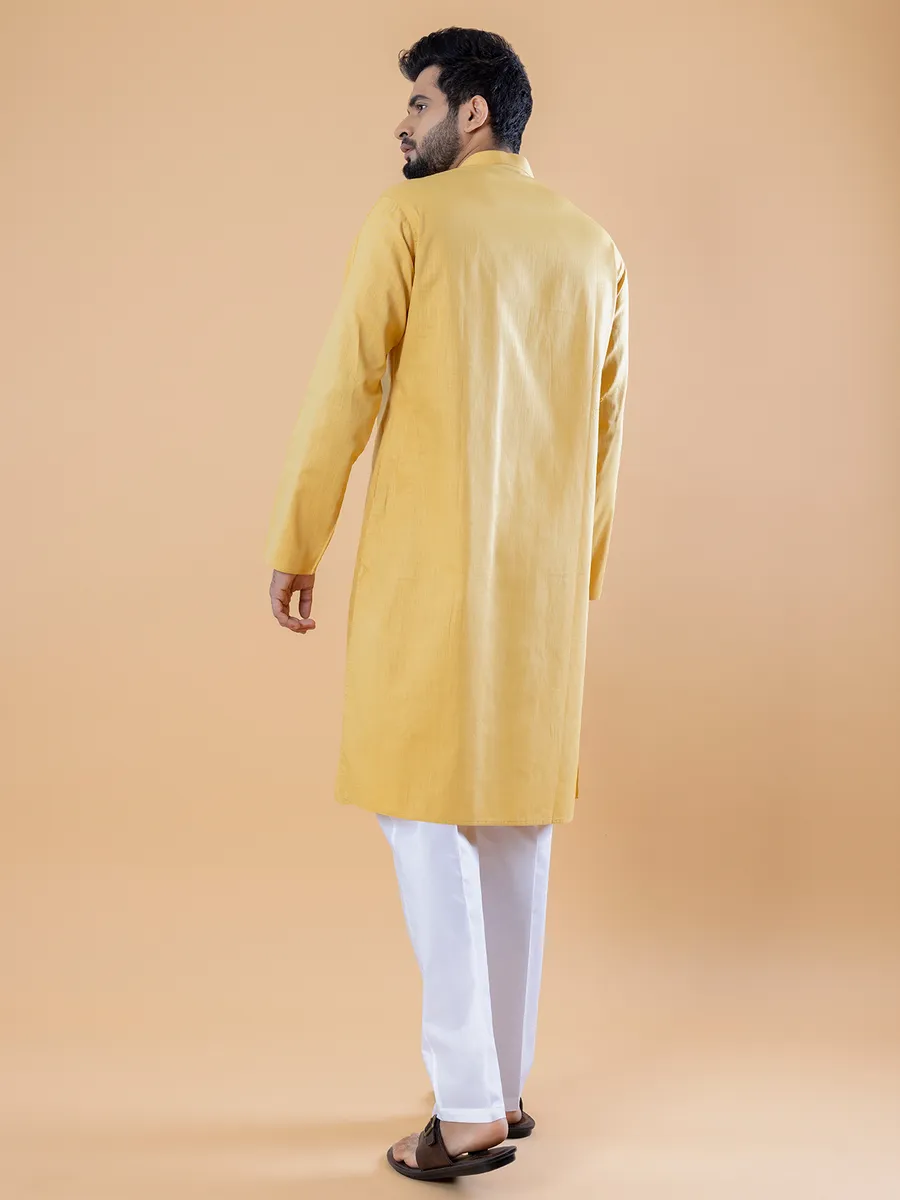 Plain cotton  Men Kurta pajama in yellow