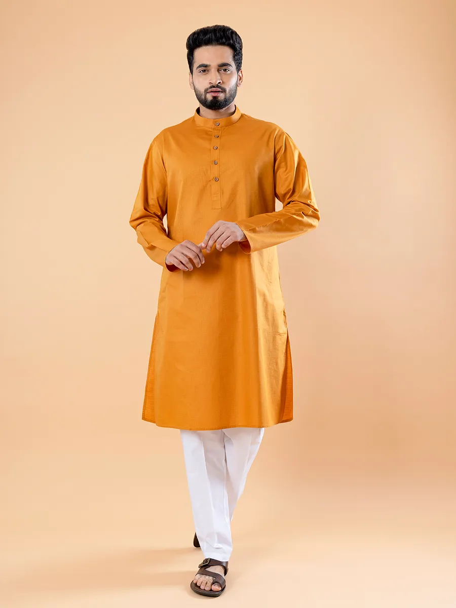 Plain cotton mustard yellow kurta suit