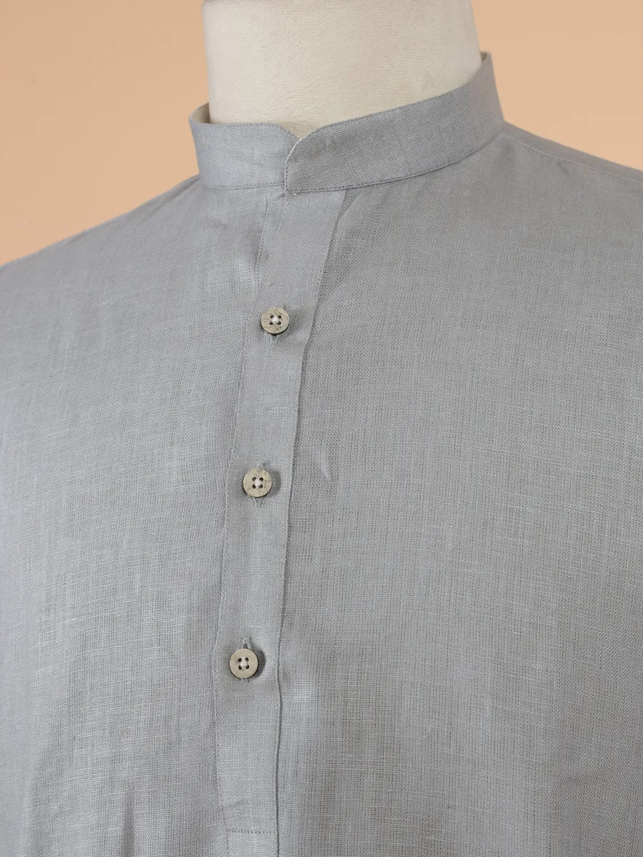 Plain grey cotton silk kurta set for men