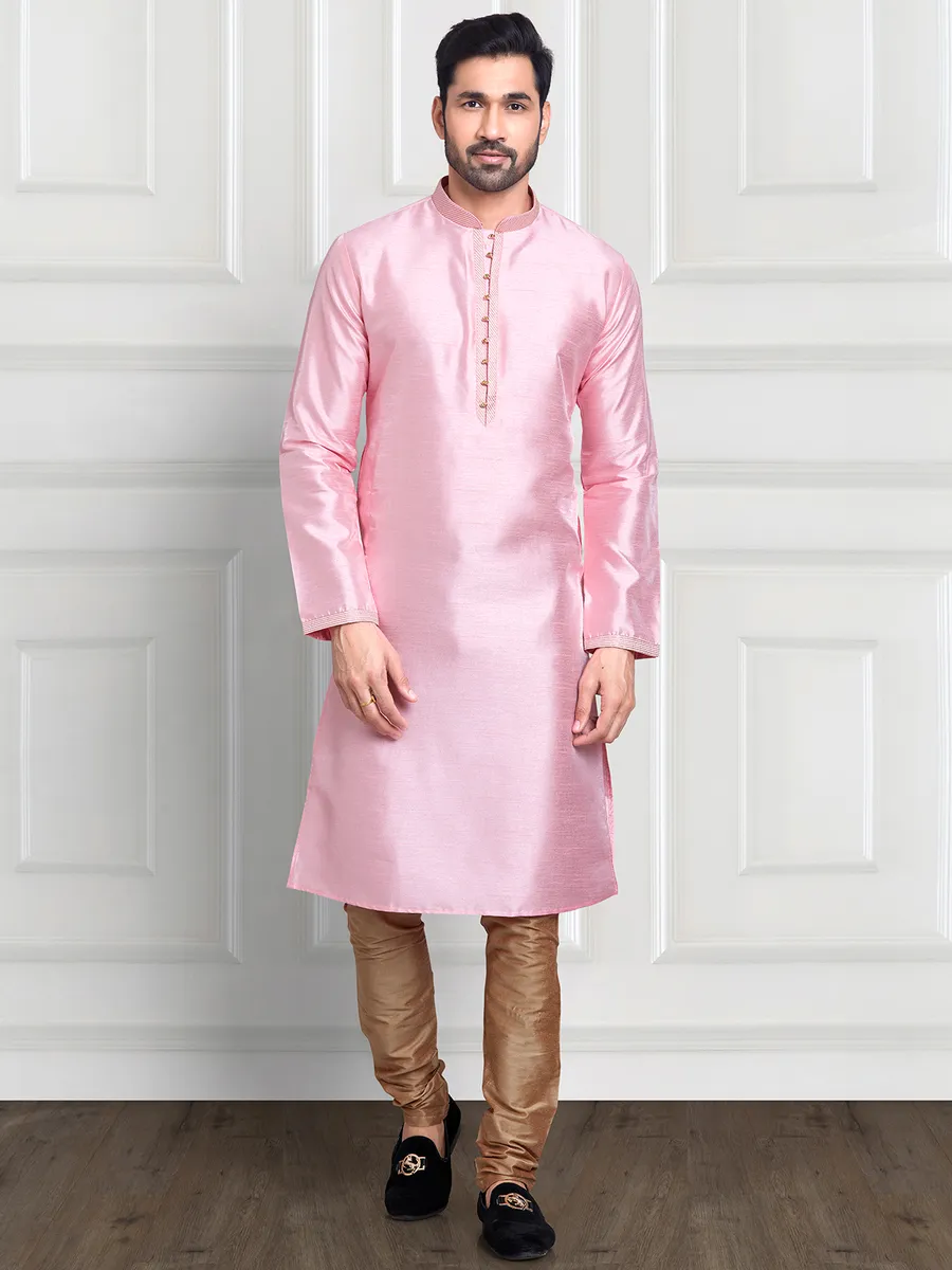 Plain light pink cotton silk kurta suit