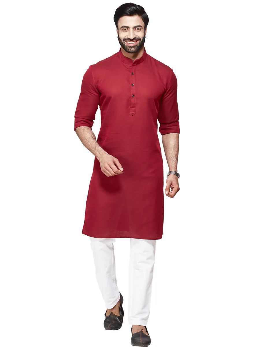 Plain maroon festive kurta set in cotton