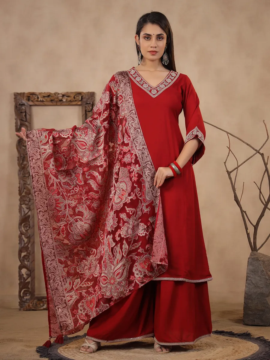 Plain red silk palazzo set