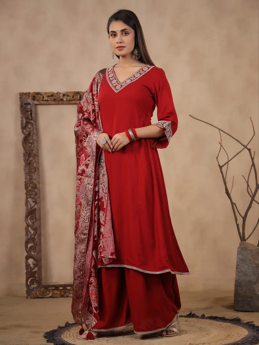 Plain red silk palazzo set