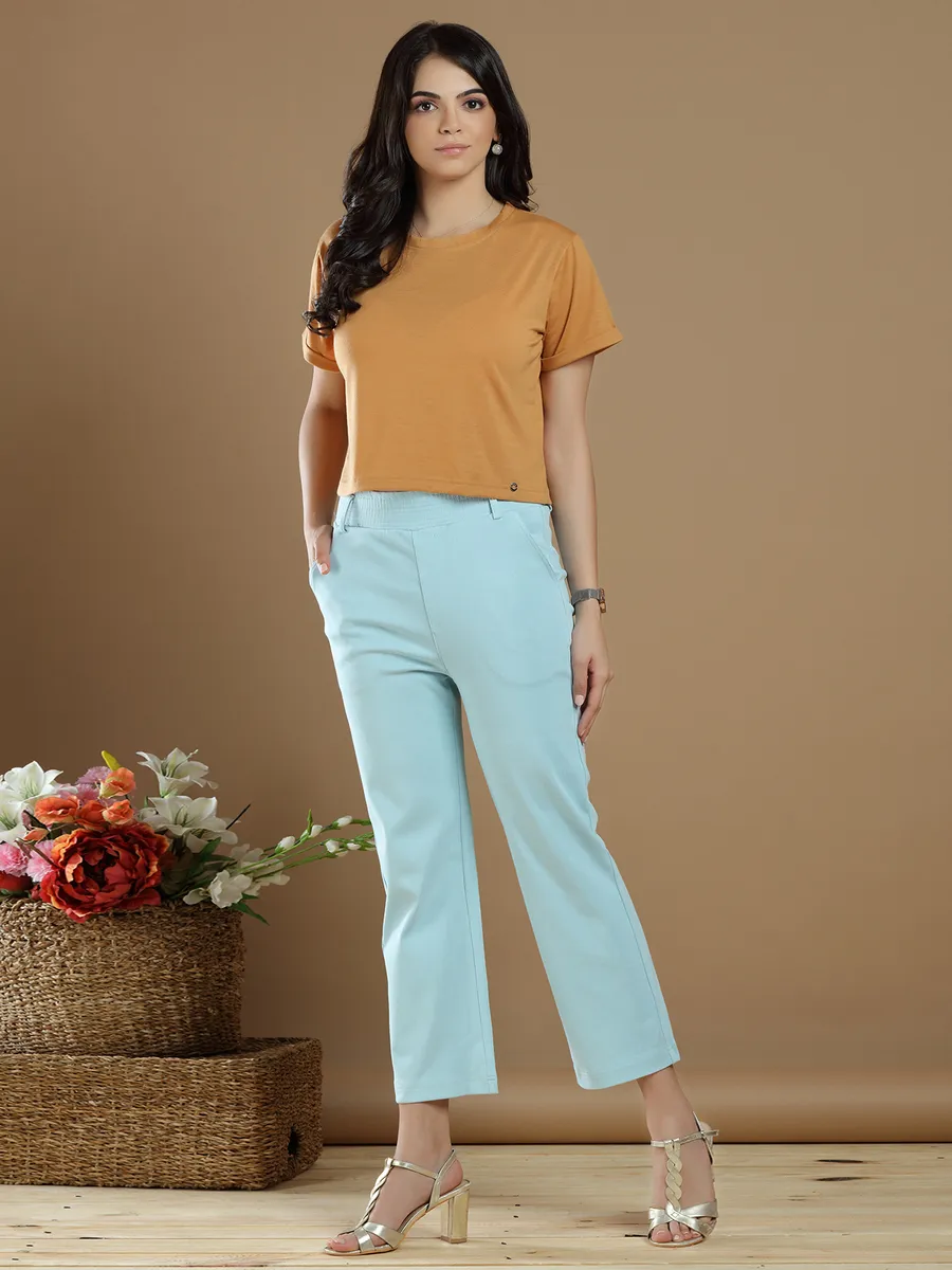 Powder blue cotton casual look plain pant