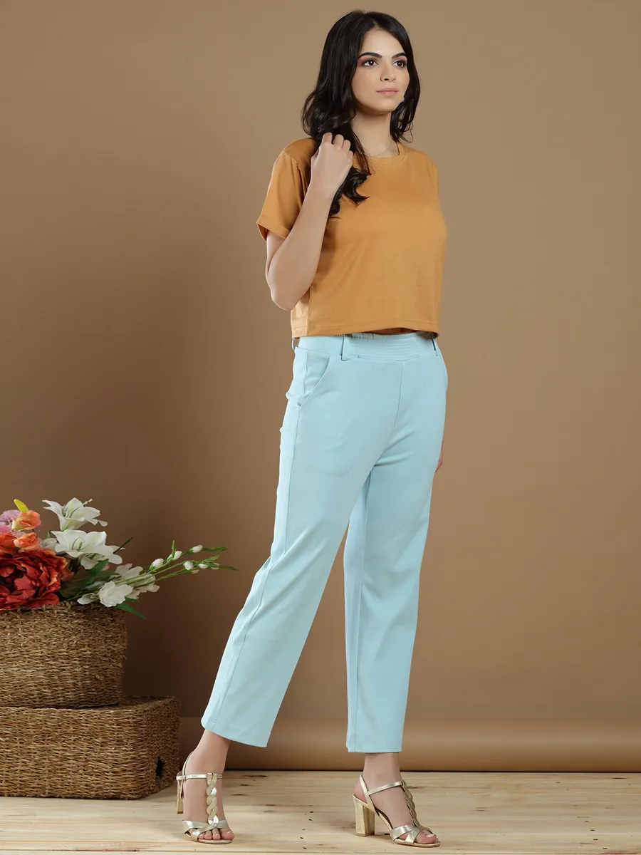 Powder blue cotton casual look plain pant