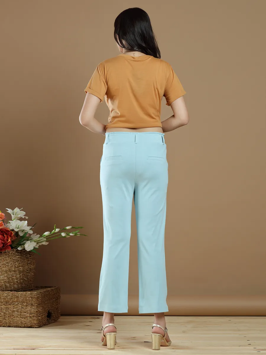 Powder blue cotton casual look plain pant