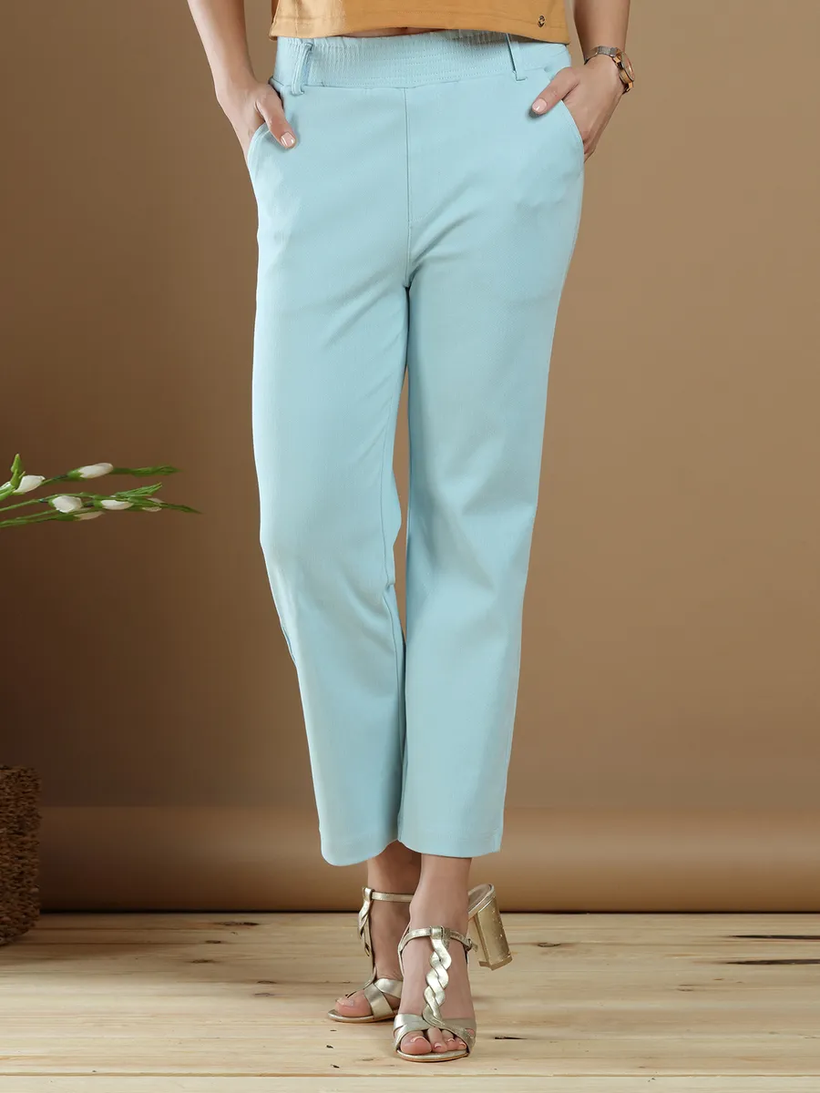 Powder blue cotton casual look plain pant