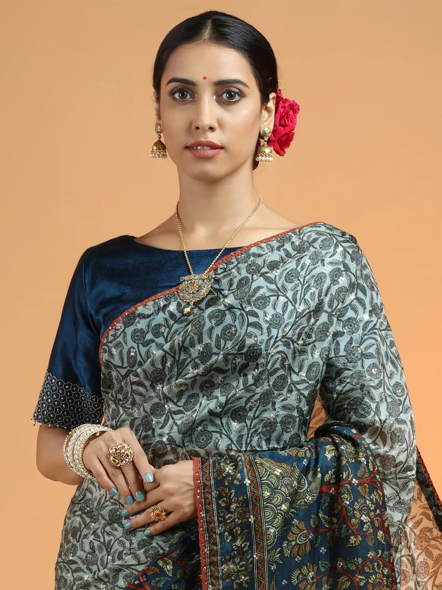 Powder blue extraordinary wedding sari in modal silk